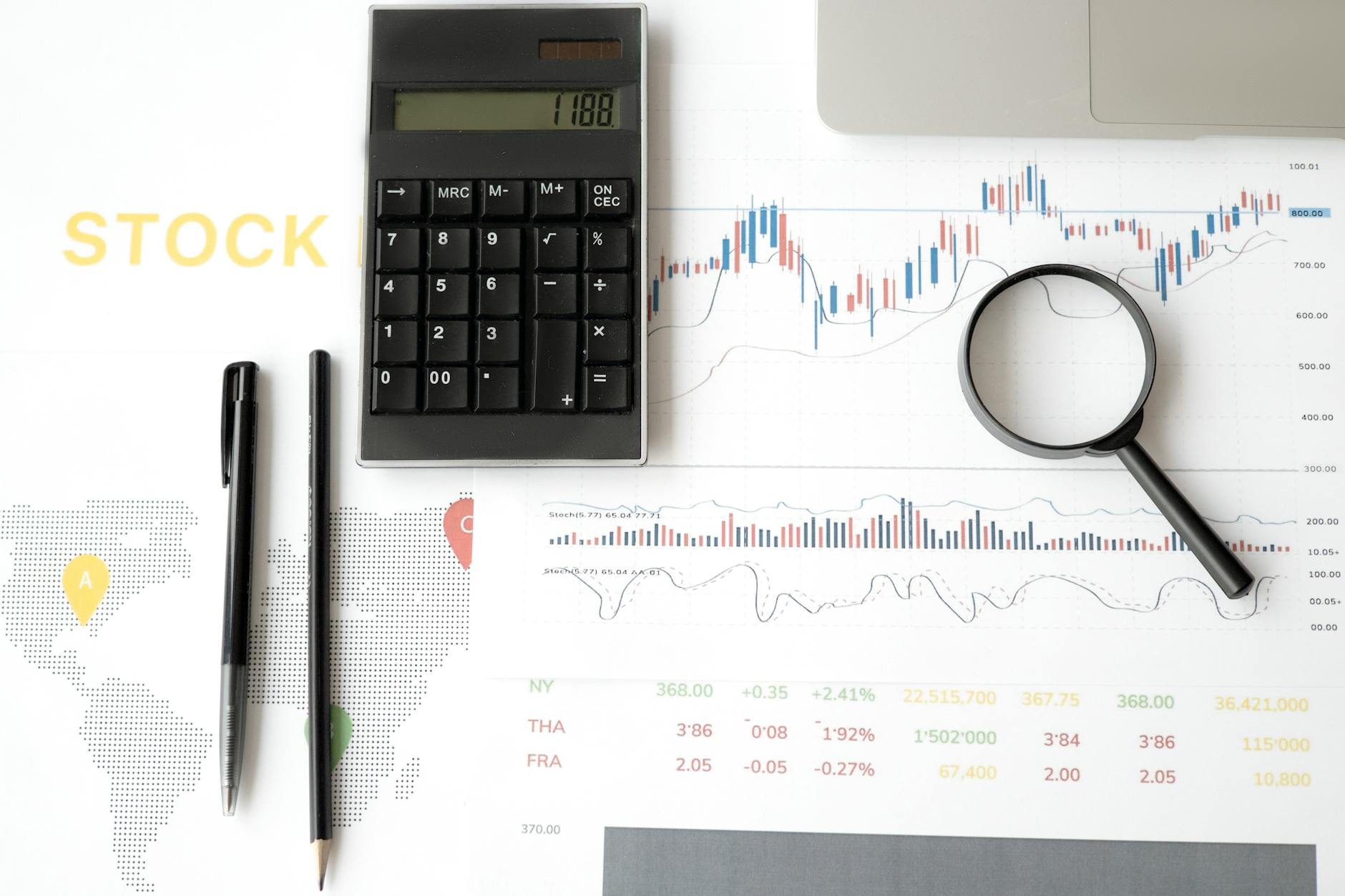 Financial analysis tools including calculator, pen, magnifying glass, and printed stock charts on a desk